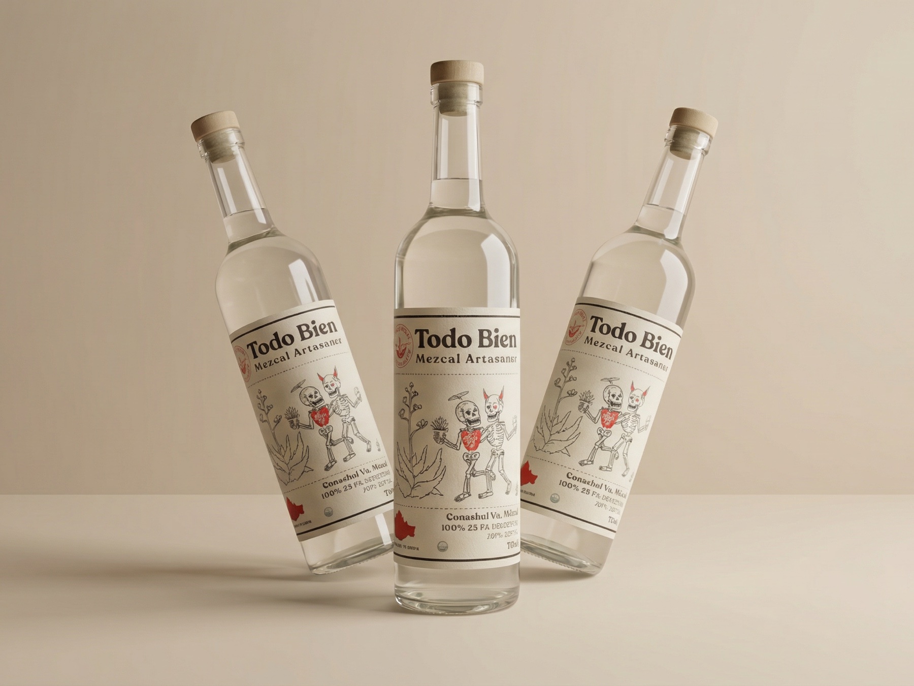 Three Todo Bien Mezcal bottles with the current label